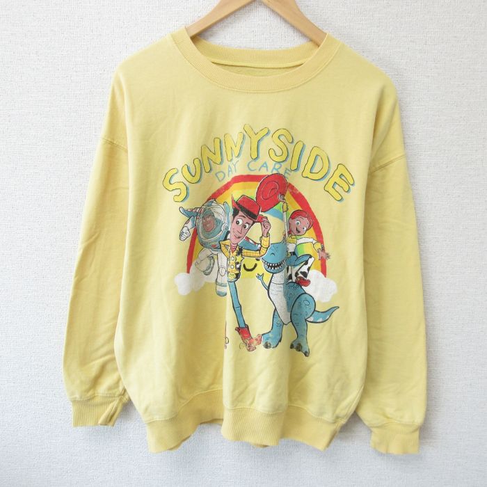 XL★古着 長袖 スウェット メンズ ディズニー DISNEY ピクサー トイストーリー ウッディ バズライトイヤー クルーネック 黄 イエロー 25mar19 中古 スエット トレーナー トップス