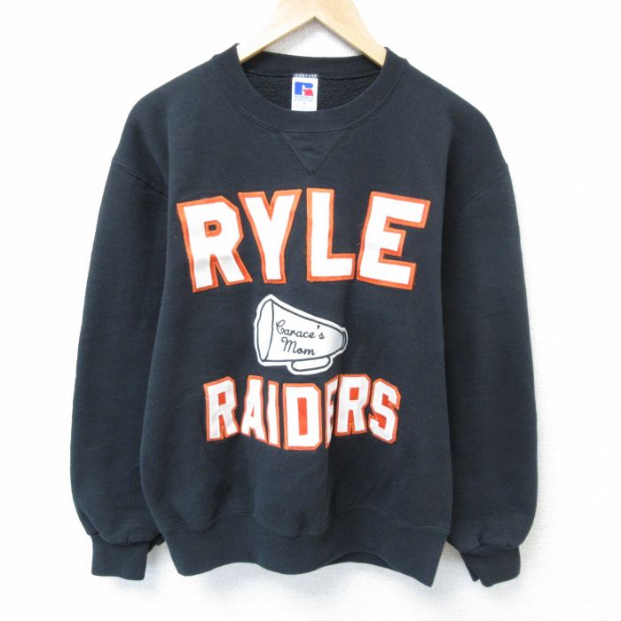 M★古着 ラッセル 長袖 スウェット メンズ 90年代 90s RYLE RAIDERS 刺繍 クルーネック USA製 黒 ブラック 25mar19 中古 スエット トレーナー トップス