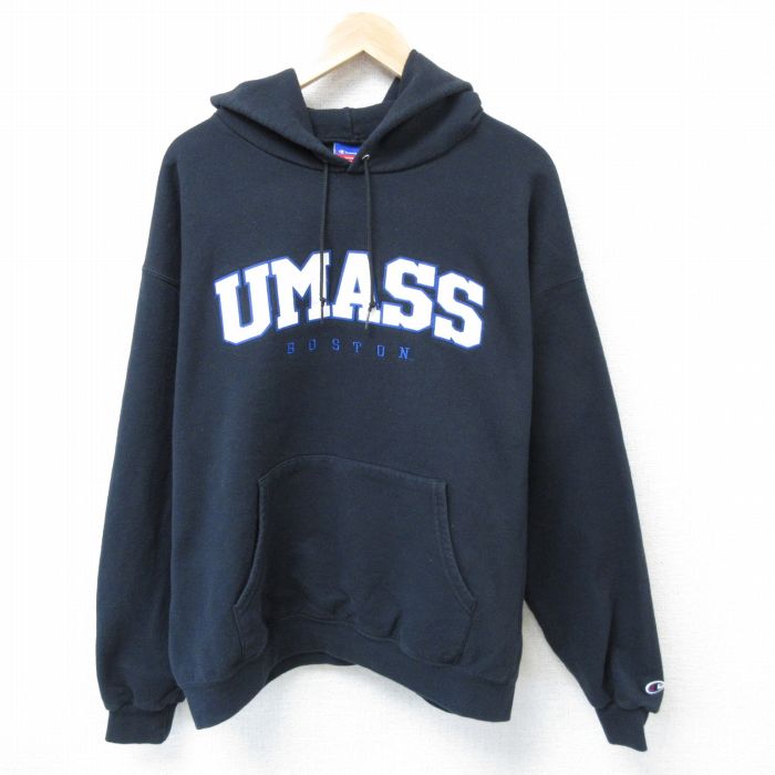 XL★古着 チャンピオン Champion 長袖 スウェット パーカー メンズ 00年代 00s UMASS ボストン 刺繍 大きいサイズ 黒 ブラック 25mar19 中古 スエット トレーナー トップス