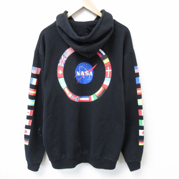 XL★古着 長袖 スウェット パーカー メンズ NASA 黒 ブラック 25mar19 中古 スエット トレーナー トップス