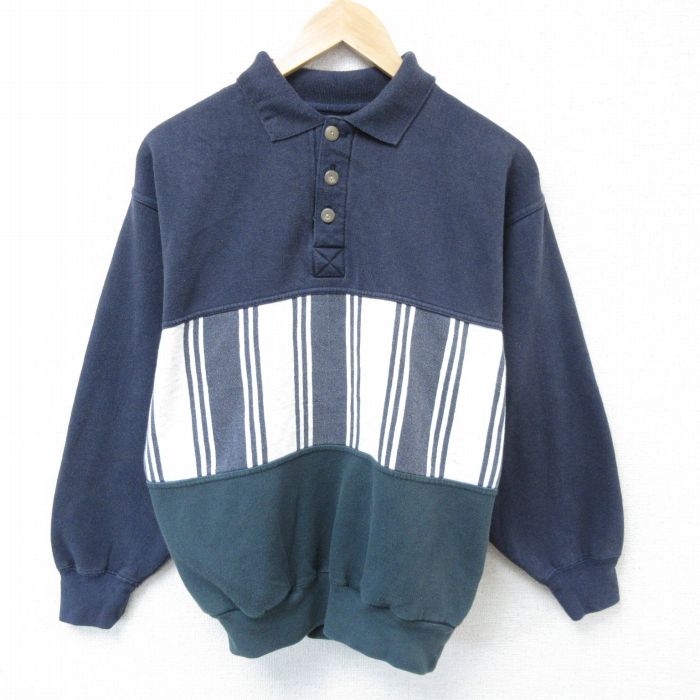 M★古着 シアーズ 長袖 スウェット メンズ 90年代 90s マルチカラー 襟付き 紺他 ネイビー 25mar19 中古 スエット トレーナー トップス