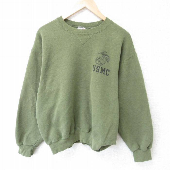 L★古着 長袖 スウェット メンズ 90年代 90s ミリタリー USMC アメリカ海兵隊 クルーネック USA製 濃緑 グリーン 25mar22 中古 スエット トレーナー トップス