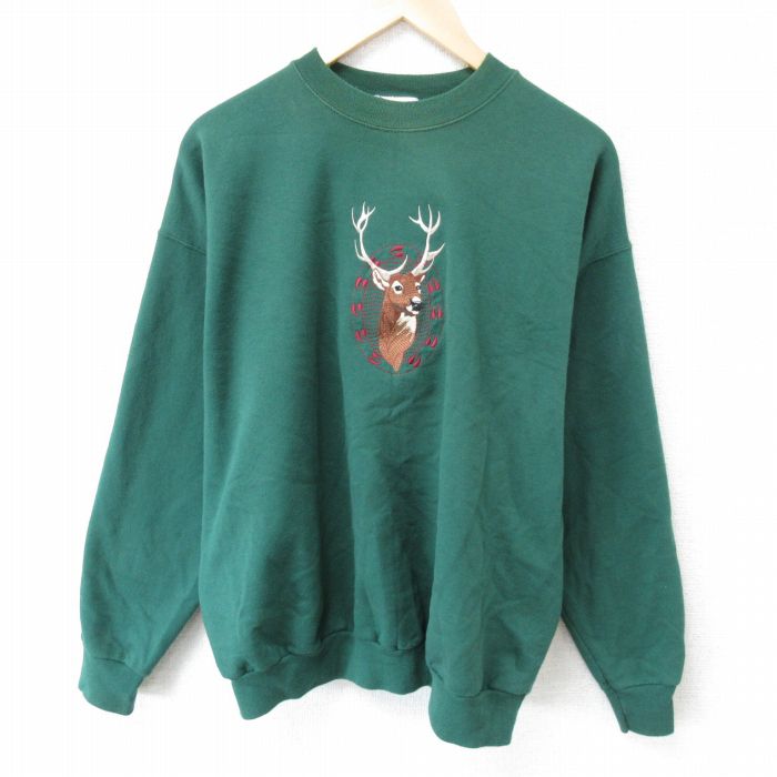 【50%OFF】XL★古着 長袖 スウェット メンズ 00年代 00s シカ 刺繍 クルーネック 緑 グリーン 25mar22 中古 スエット トレーナー トップス