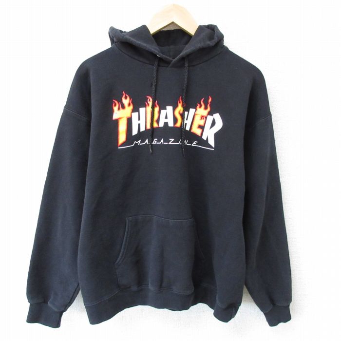【50%OFF】L★古着 スラッシャー THRASHER 長袖 スウェット パーカー メンズ 00年代 00s ビッグロゴ 黒 ブラック 25mar22 中古 スエット トレーナー トップス
