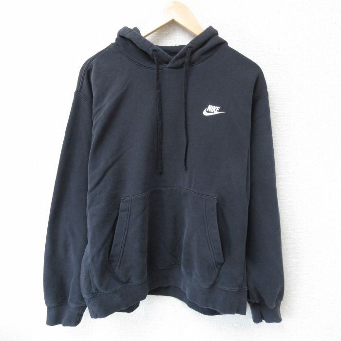 XL★古着 ナイキ NIKE 長袖 スウェット パーカー メンズ ワンポイントロゴ 黒 ブラック 25mar22 中古 スエット トレーナー トップス