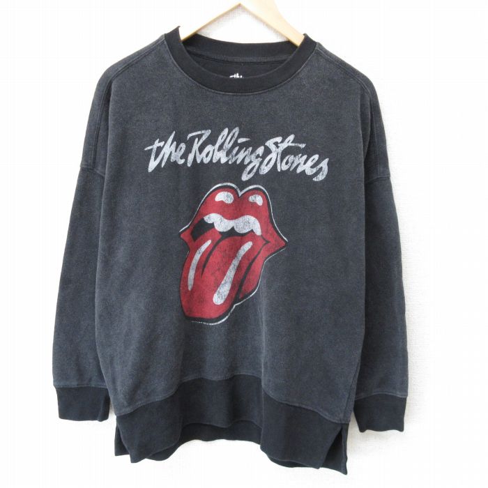 XL★古着 長袖 ロック バンド スウェット メンズ ローリングストーンズ The Rolling Stones クルーネック 黒 ブラック 霜降り 25mar22 中古 スエット トレーナー トップス