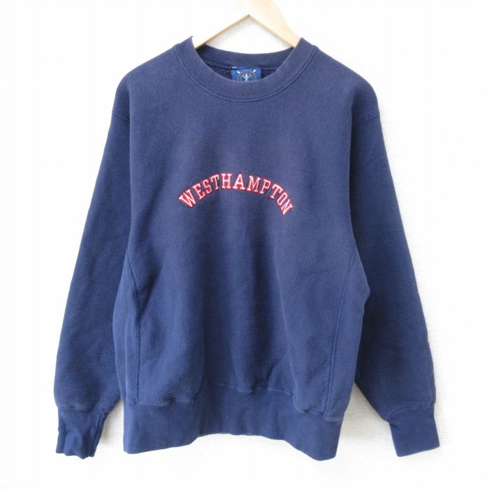 【50%OFF】L★古着 長袖 スウェット メンズ 00年代 00s ウエストハンプトン 刺繍 クルーネック 紺 ネイビー 25mar22 中古 スエット トレーナー トップス