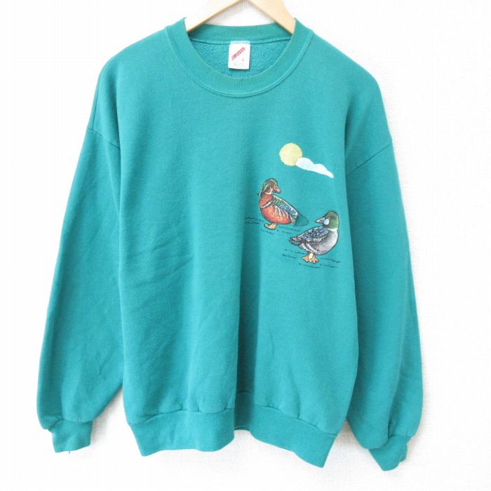 【20%OFF】L★古着 ジャージーズ 長袖 スウェット メンズ 90年代 90s 鳥 クルーネック USA製 緑 グリーン 25mar22 中古 スエット トレーナー トップス