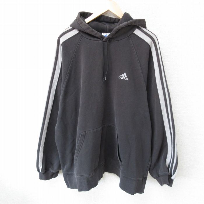 XL★古着 アディダス adidas 長袖 スウェット パーカー メンズ 90年代 90s ワンポイントロゴ 大きいサイズ ラグラン 黒 ブラック 3本ライン 25mar22 中古 スエット トレーナー トップス