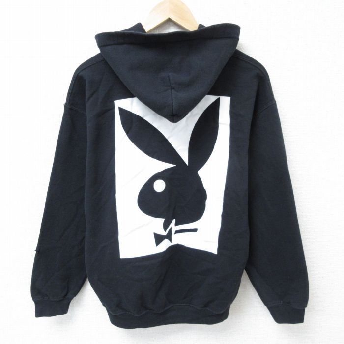 【20%OFF】M★古着 プレイボーイ PLAY BOY 長袖 スウェット パーカー メンズ ビッグロゴ 黒 ブラック 25mar22 中古 スエット トレーナー トップス