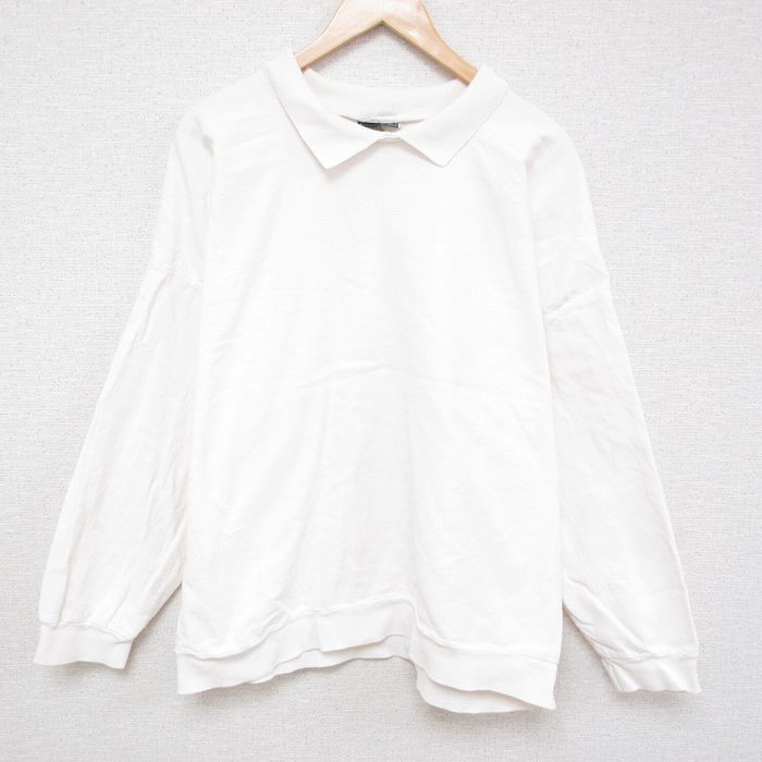 XL★古着 長袖 スウェット メンズ 90年代 90s 無地 大きいサイズ コットン 襟付き USA製 薄ベージュ カーキ 25mar25 中古 スエット トレーナー トップス