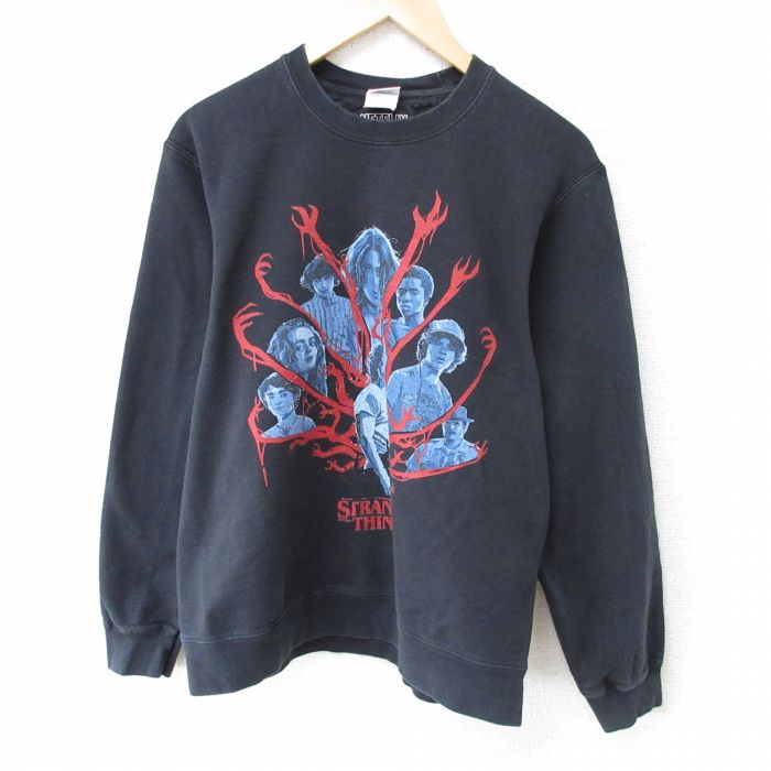 【20%OFF】M★古着 長袖 スウェット メンズ ドラマ ストレンジャーシングス クルーネック 黒 ブラック 25mar22 中古 スエット トレーナー トップス