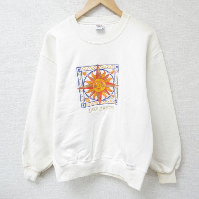 M★古着 Crazy Shirts 長袖 スウェット メンズ 90年代 90s 太陽 刺繍 クルーネック USA製 白 ホワイト 25mar22 中古 スエット トレーナー トップス