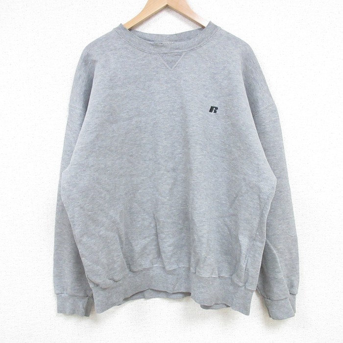 XL★古着 ラッセル 長袖 スウェット メンズ ワンポイントロゴ クルーネック グレー 霜降り 25mar24 中古 スエット トレーナー トップス