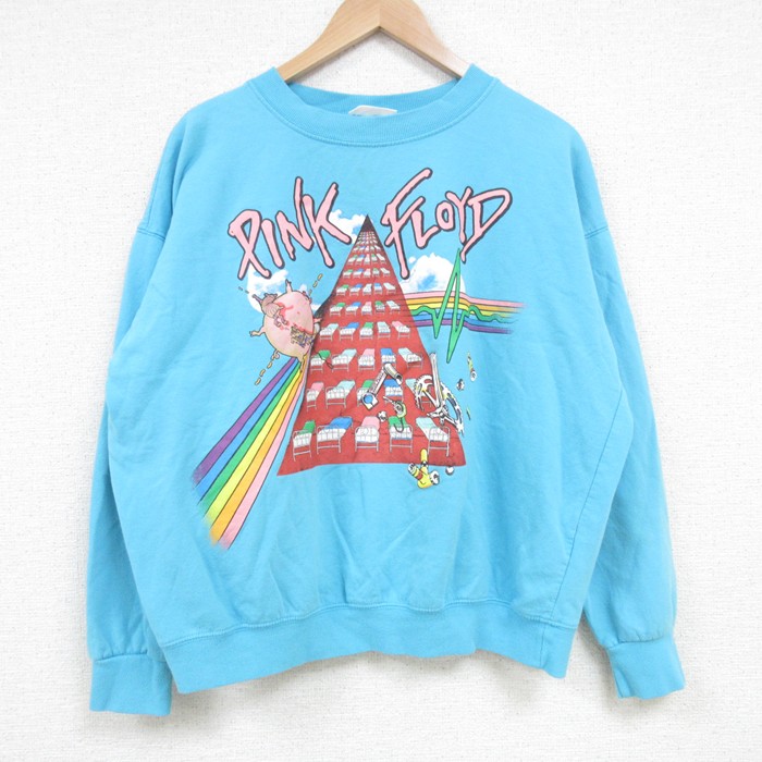 【50%OFF】L★古着 長袖 スウェット メンズ ピンクフロイド クルーネック 水色 25mar24 中古 スエット トレーナー トップス