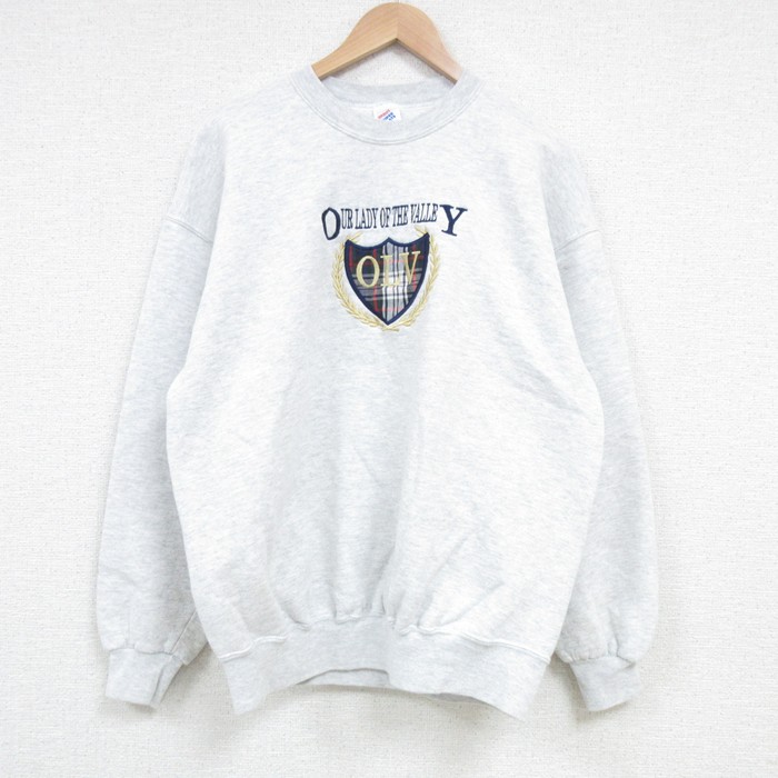 L★古着 ジャージーズ 長袖 スウェット メンズ 90年代 90s OLV 刺繍 クルーネック USA製 薄グレー 霜降り 25mar24 中古 スエット トレーナー トップス