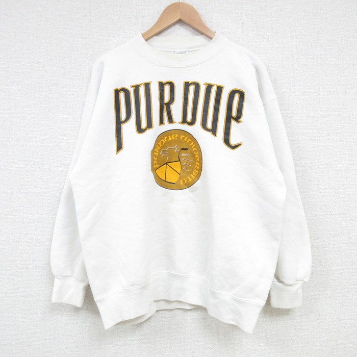 【50%OFF】L★古着 長袖 スウェット メンズ 90年代 90s PURDUE 大学 クルーネック USA製 白 ホワイト 25mar24 中古 スエット トレーナー トップス