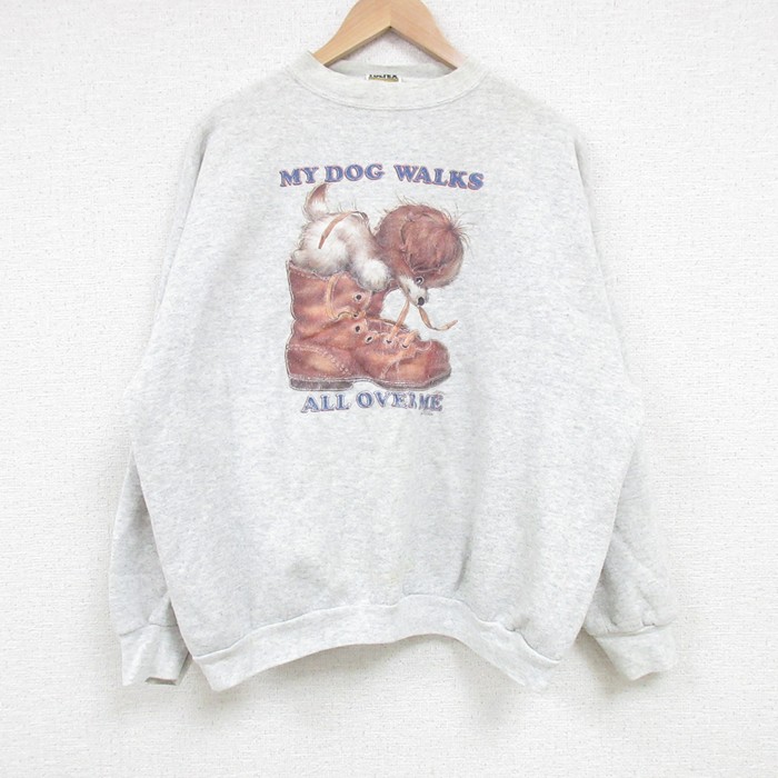 XL★古着 TULTEX 長袖 スウェット メンズ 90年代 90s 犬 クルーネック USA製 薄グレー 霜降り 25mar24 中古 スエット トレーナー トップス