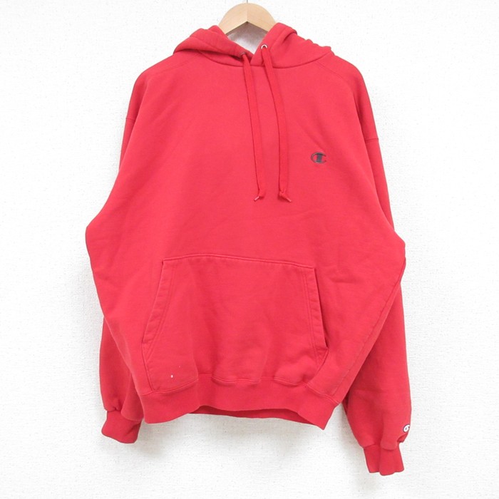XL★古着 チャンピオン Champion 長袖 スウェット パーカー メンズ 00年代 00s ワンポイントロゴ 赤 レッド 25mar24 中古 スエット トレーナー トップス