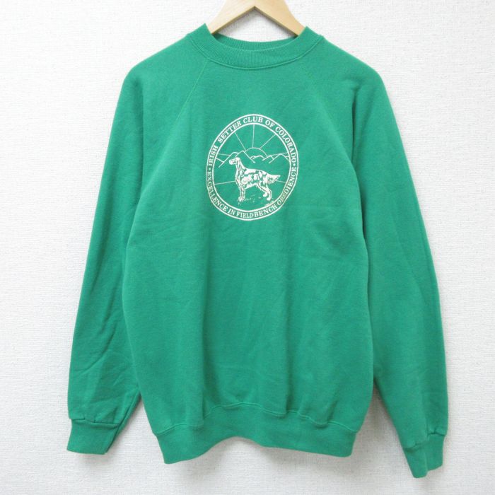 【20%OFF】L★古着 ヘインズ Hanes 長袖 スウェット メンズ 90年代 90s 犬 ラグラン クルーネック USA製 緑 グリーン 25mar29 中古 スエット トレーナー トップス