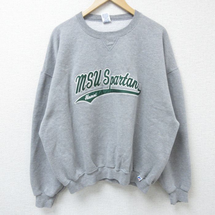 XL★古着 ラッセル 長袖 スウェット メンズ 00年代 00s ミシガン 大学 刺繍 大きいサイズ クルーネック グレー 霜降り 25mar29 中古 スエット トレーナー トップス