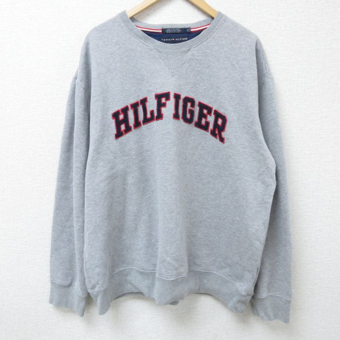 XL★古着 トミーヒルフィガー TOMMY HILFIGER 長袖 ブランド スウェット メンズ ビッグロゴ 刺繍 大きいサイズ クルーネック グレー 霜降り 25mar29 中古 スエット トレーナー トップス