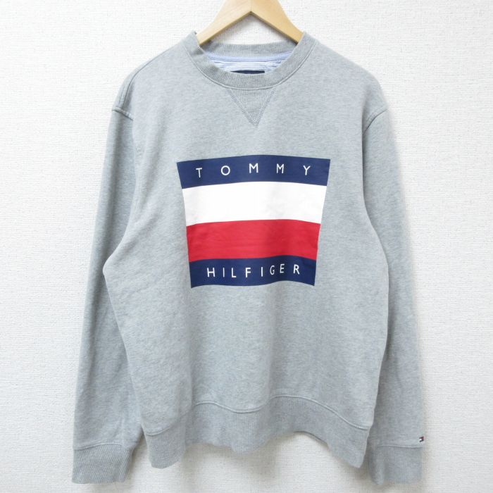 XL★古着 トミーヒルフィガー TOMMY HILFIGER 長袖 ブランド スウェット メンズ ビッグロゴ クルーネック グレー 霜降り 25mar29 中古 スエット トレーナー トップス