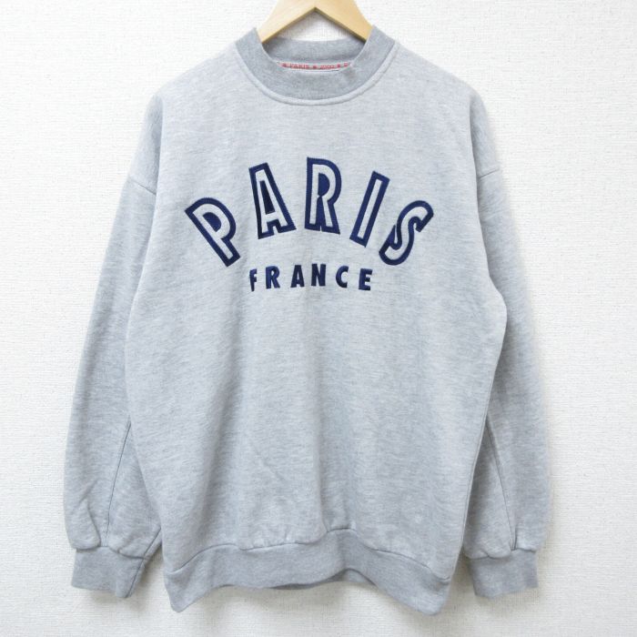 L★古着 長袖 スウェット メンズ 00年代 00s PARIS 刺繍 クルーネック グレー 霜降り 25mar29 中古 スエット トレーナー トップス