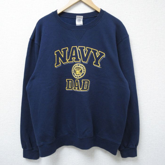 XL★古着 長袖 スウェット メンズ ミリタリー ネイビー NAVY クルーネック 紺 25mar29 中古 スエット トレーナー トップス