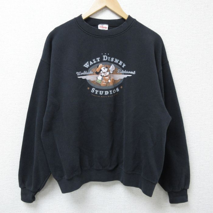 L★古着 長袖 スウェット メンズ 00年代 00s ディズニー DISNEY ミッキー MICKEY MOUSE クルーネック 黒 ブラック 25mar29 中古 スエット トレーナー トップス