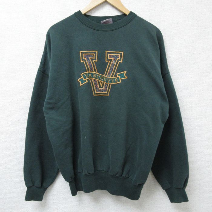 XL★古着 長袖 スウェット メンズ 90年代 90s バンクーバー 大きいサイズ クルーネック カナダ製 緑 グリーン 25mar29 中古 スエット トレーナー トップス