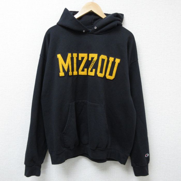 XL★古着 チャンピオン Champion 長袖 スウェット パーカー メンズ 00年代 00s MIZZOU 刺繍 黒 ブラック 25mar29 中古 スエット トレーナー トップス