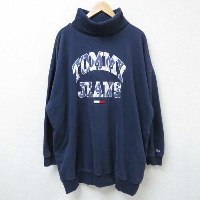 【20%OFF】XL★古着 トミーヒルフィガー TOMMY HILFIGER 長袖 ブランド スウェット メンズ ビッグロゴ 刺繍 大きいサイズ ロング丈 モックネック ハイネック 紺 ネイビー 25mar29 中古 スエット トレーナー トップス