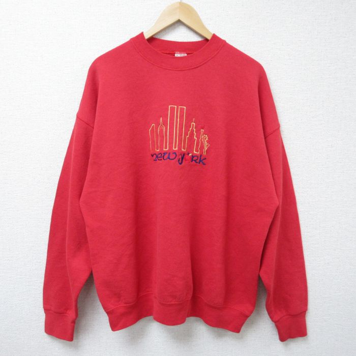XL★古着 フルーツオブザルーム 長袖 スウェット メンズ 90年代 90s ニューヨーク 刺繍 大きいサイズ クルーネック USA製 赤 レッド 25mar29 中古 スエット トレーナー トップス