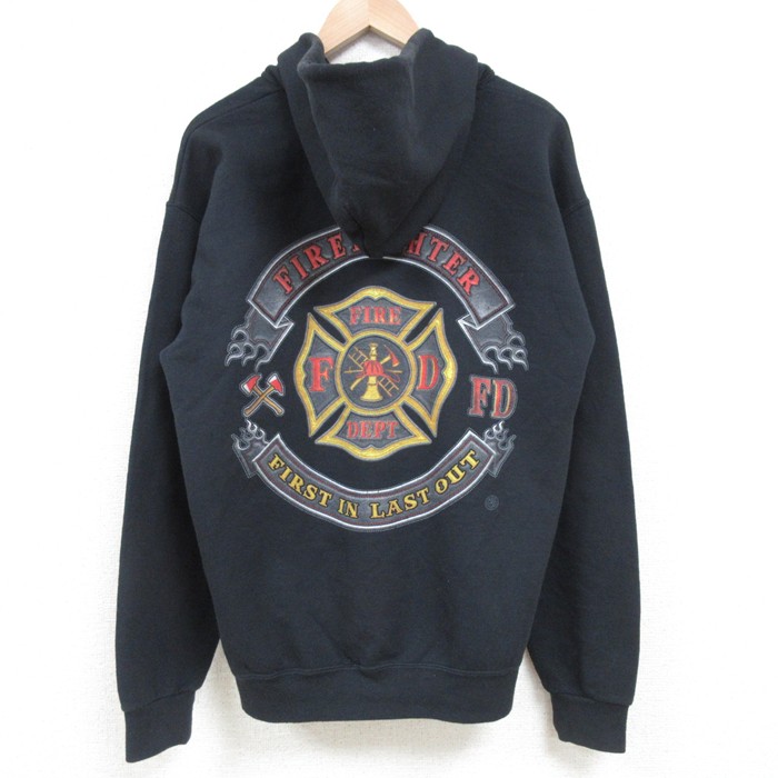 L★古着 ジャージーズ 長袖 スウェット パーカー メンズ FIREFIGHTER 黒 ブラック 25mar25 中古 スエット トレーナー トップス
