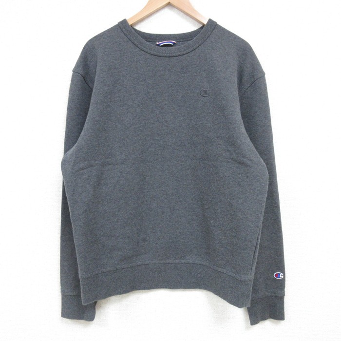 M★古着 チャンピオン Champion 長袖 スウェット メンズ ワンポイントロゴ クルーネック 濃グレー 霜降り 25mar25 中古 スエット トレーナー トップス