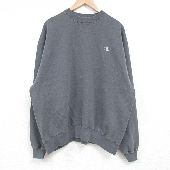 XL★古着 チャンピオン Champion 長袖 スウェット メンズ ワンポイントロゴ 大きいサイズ クルーネック 濃グレー 霜降り 25mar25 中古 スエット トレーナー トップス