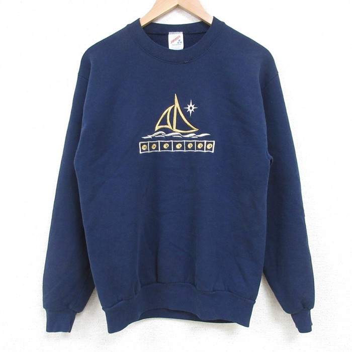 S★古着 ジャージーズ 長袖 スウェット メンズ 90年代 90s ヨット 刺繍 クルーネック USA製 紺 ネイビー 25mar25 中古 スエット トレーナー トップス