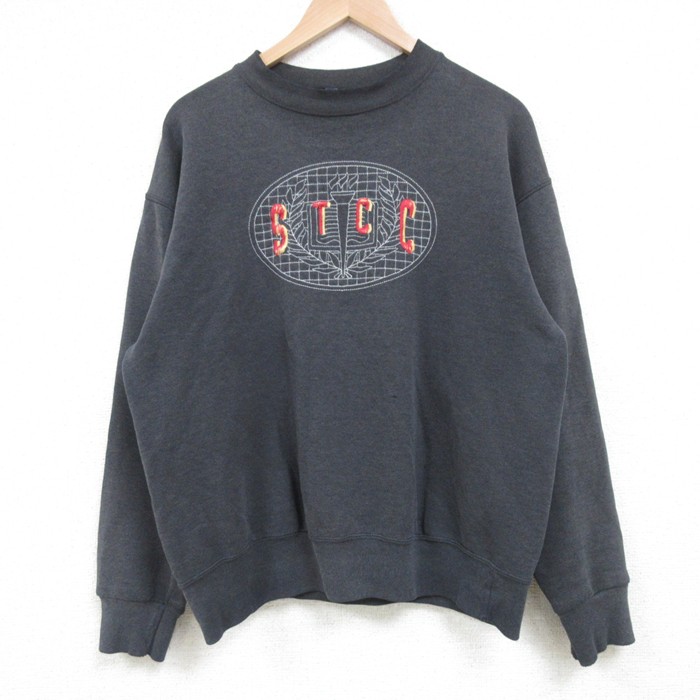 【50%OFF】M★古着 ジャンスポーツ 長袖 スウェット メンズ 90年代 90s STCC 刺繍 クルーネック USA製 濃グレー 霜降り 25mar25 中古 スエット トレーナー トップス