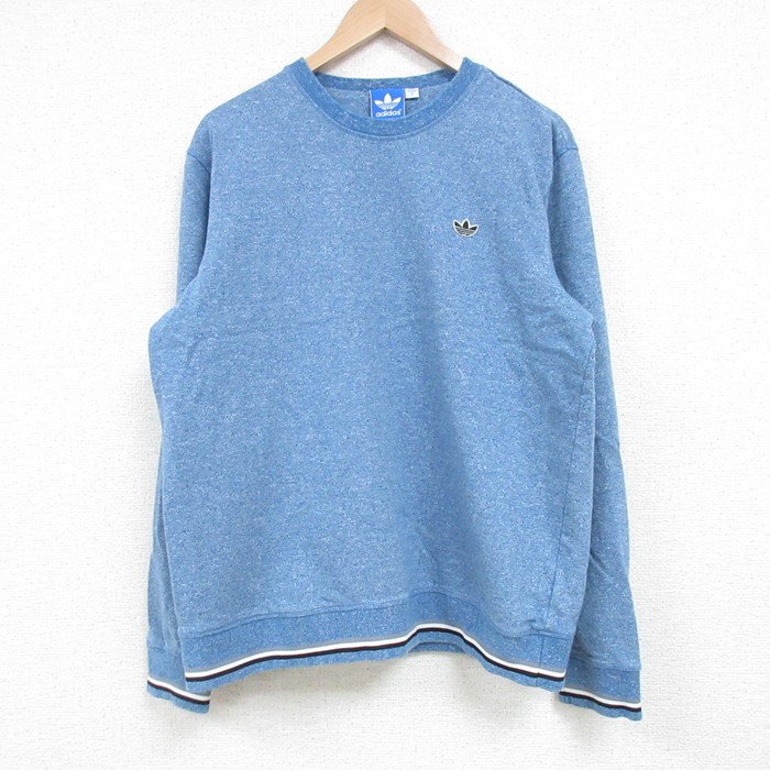 M★古着 アディダス adidas 長袖 トップス メンズ ワンポイントロゴ コットン クルーネック 青 ブルー 霜降り 25mar25 中古 スエット トレーナー