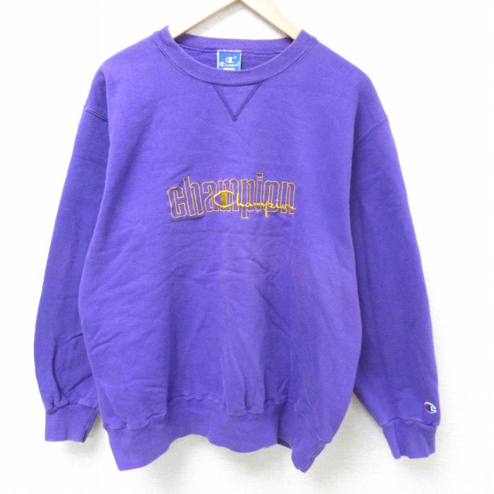 【50%OFF】XL★古着 チャンピオン Champion 長袖 スウェット メンズ 90年代 90s ビッグロゴ 刺繍 クルーネック USA製 紫 パープル 【spe】 25mar26 中古 スエット トレーナー トップス