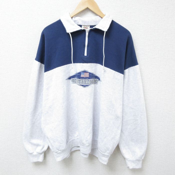 XL★古着 長袖 ハーフジップ スウェット メンズ 90年代 90s ニューハンプシャー ツートンカラー 大きいサイズ 襟付き USA製 薄グレー他 霜降り 25mar26 中古 スエット トレーナー トップス