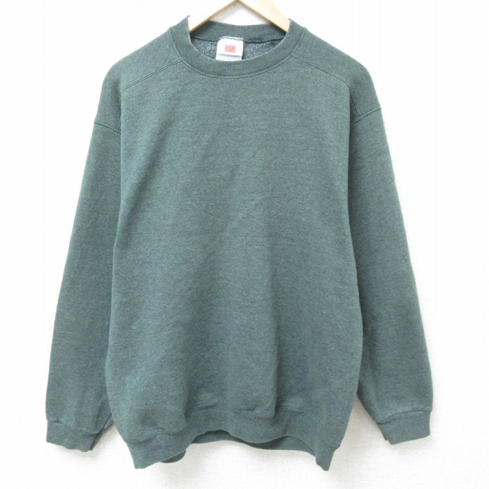 L★古着 長袖 スウェット メンズ 00年代 00s 無地 クルーネック 濃緑 グリーン 霜降り 25mar26 中古 スエット トレーナー トップス