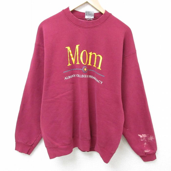 L★古着 長袖 スウェット メンズ 90年代 90s Mom クルーネック USA製 エンジ 25mar26 中古 スエット トレーナー トップス