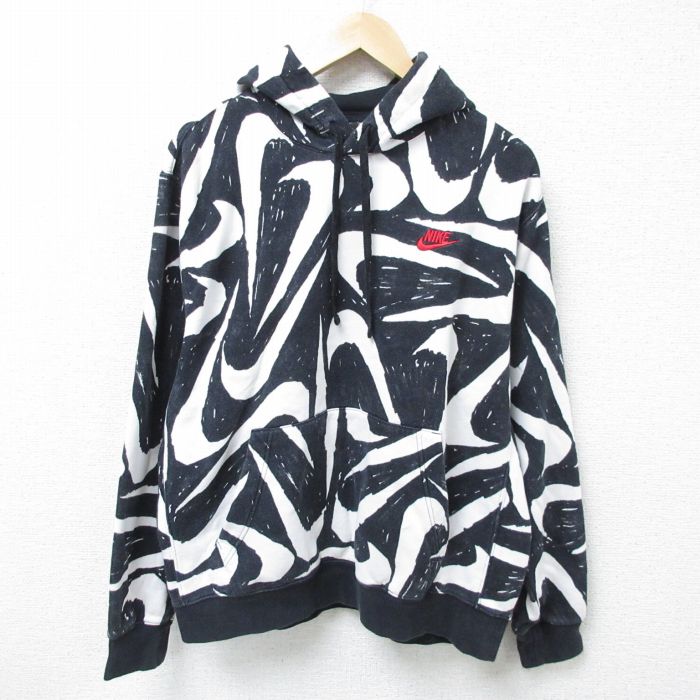 XL★古着 ナイキ NIKE 長袖 スウェット パーカー メンズ ワンポイントロゴ 総柄 黒他 ブラック 25mar26 中古 スエット トレーナー トップス