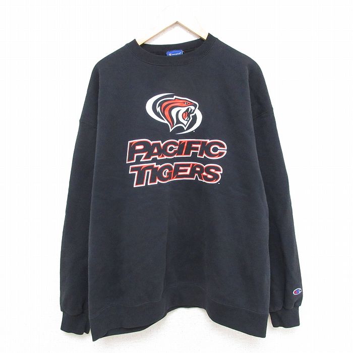 XL★古着 チャンピオン Champion 長袖 スウェット メンズ 00年代 00s パシフィック タイガース 大きいサイズ クルーネック 黒 ブラック 25mar26 中古 スエット トレーナー トップス