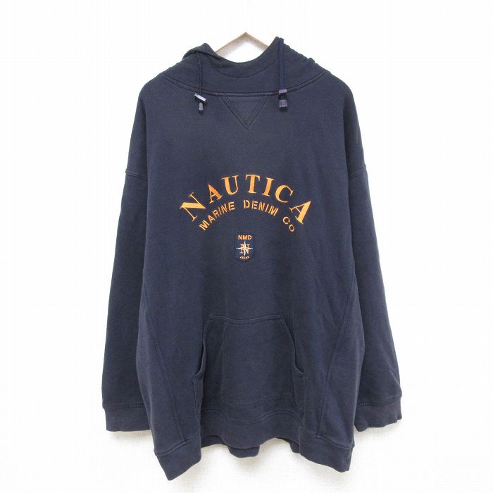 XL★古着 ノーティカ NAUTICA 長袖 ブランド スウェット パーカー メンズ ビッグロゴ 刺繍 大きいサイズ コットン 紺 ネイビー 25mar26 中古 スエット トレーナー トップス
