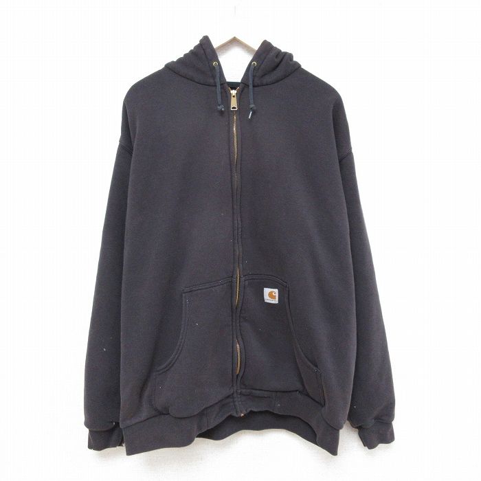 XL★古着 カーハート Carhartt 長袖 フルジップ スウェット パーカー メンズ ワンポイントロゴ 大きいサイズ 黒 ブラック 内側サーマル 【spe】 25mar26 中古 スエット トレーナー トップス