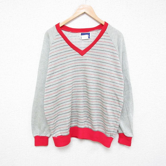 L★古着 長袖 スウェット メンズ 80年代 80s ラグラン Vネック グレー他 霜降り、ボーダー 25mar26 中古 スエット トレーナー トップス
