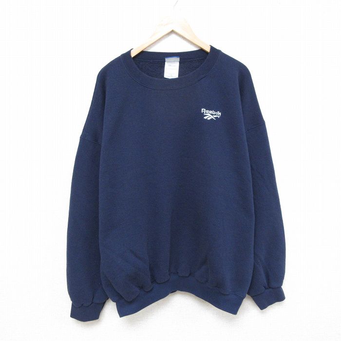 XL★古着 リーボック REEBOK 長袖 スウェット メンズ 90年代 90s ワンポイントロゴ 大きいサイズ クルーネック USA製 紺 ネイビー 25mar26 中古 スエット トレーナー トップス